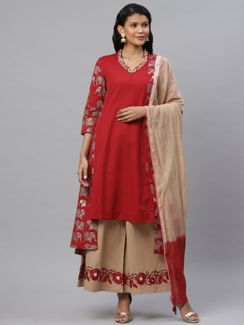 

Biba by Anju Modi Women Red & Beige Solid Kurta with Palazzos & Dupatta