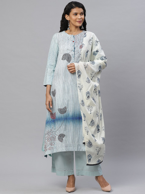 

Biba by Anju Modi Women Blue & White Striped Cotton Kurta with Palazzos & Dupatta