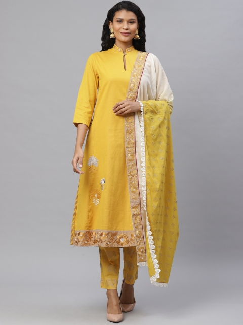 

Biba by Anju Modi Women Mustard Yellow & White Solid Kurta with Trousers & Dupatta