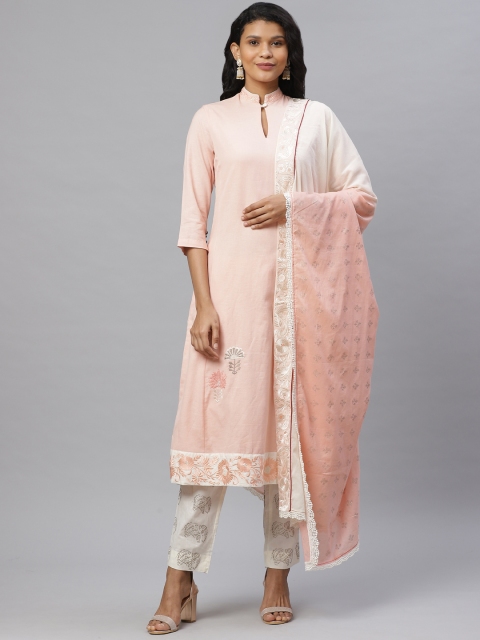 

Biba by Anju Modi Women Peach-Coloured & Off-White Solid Kurta with Trousers & Dupatta, Pink