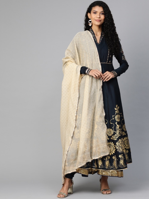 

Biba Women Navy Blue & Cream-Coloured Printed Kurta with Churidar & Dupatta