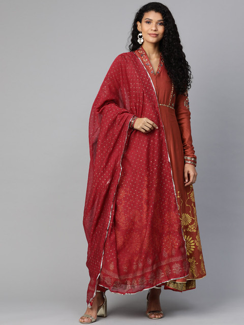 

Biba Women Rust Orange & Maroon Printed Kurta with Churidar & Dupatta