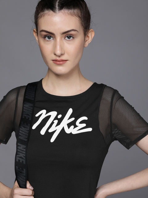 

Nike Women Black Printed Round Neck AS SS RUNWAY Net Detailed Dri-Fit Running T-shirt