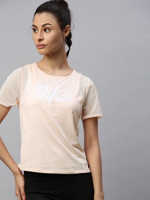 

Nike Women Peach-Coloured Printed Round Neck SS RUNWAY T-shirt