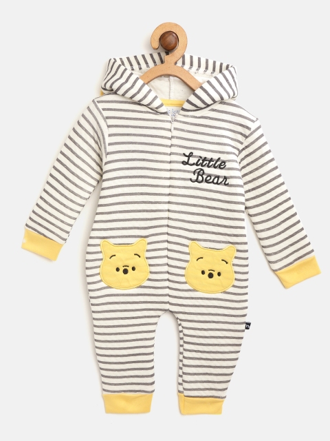 

Moms Love Boys Off-White & Charcoal Grey Striped Hooded Rompers With Applique Detail