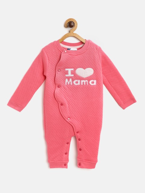 

Moms Love Infant Girls Coral Pink Pure Cotton Self-Design Rompers with Applique Detail