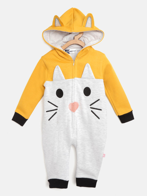

Moms Love Boys Grey Melange & Mustard Yellow Pure Cotton Colourblocked Hooded Rompers