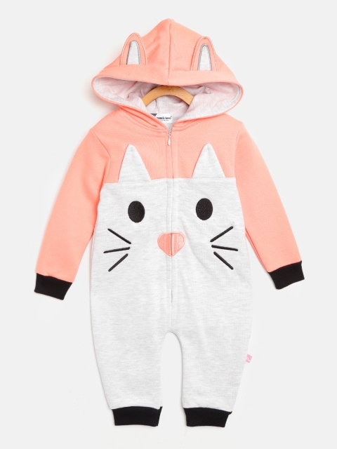 

Moms Love Boys Grey Melange & Peach-Coloured Pure Cotton Colourblocked Hooded Rompers