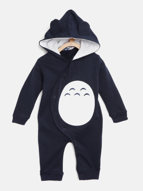 

Moms Love Boys Navy Blue & White Pure Cotton Applique Hooded Rompers