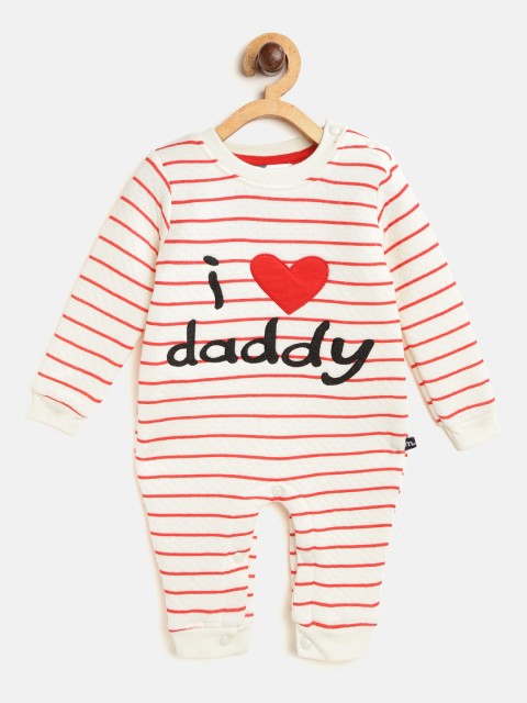 

Moms Love Boys Off-White & Red Striped Rompers With Applique Detail
