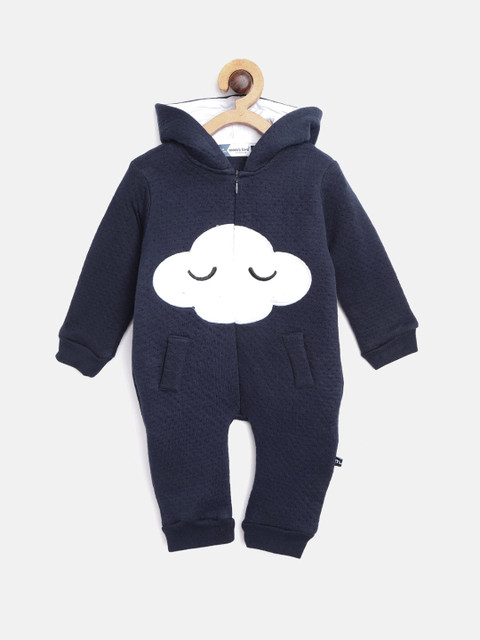 

Moms Love Boys Navy Blue & White Self Design Hooded Rompers with Applique Detail