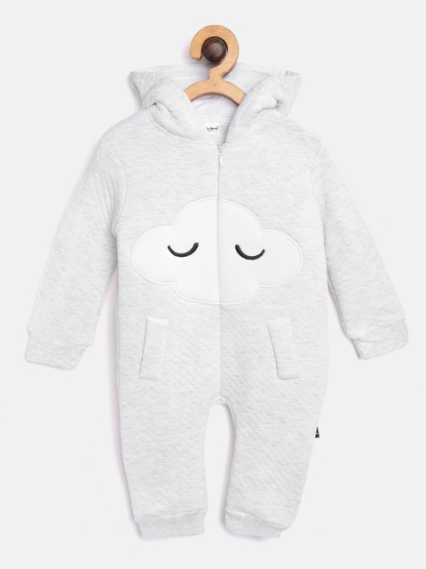 

Moms Love Boys Grey Melange & White Solid Hooded Rompers with Applique Detail