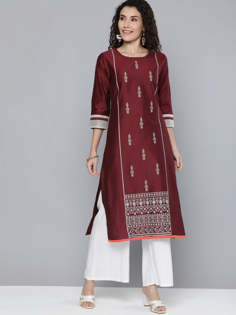 

HERE&NOW Women Maroon Printed Straight Kurta