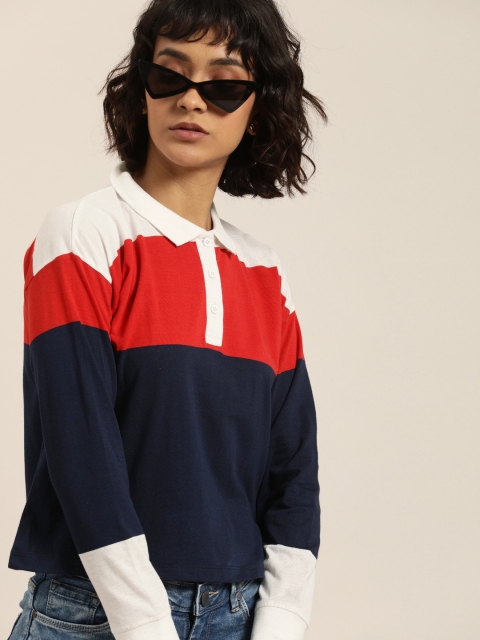 

Moda Rapido Women Navy Blue Colourblocked Polo Collar T-shirt