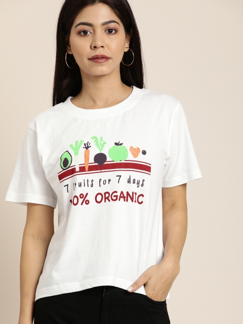 

Moda Rapido Women White Printed Round Neck Pure Cotton T-shirt
