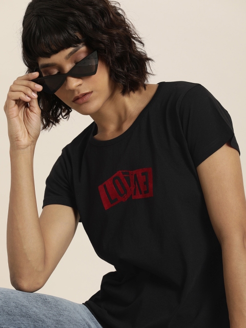 

Moda Rapido Women Black Printed Round Neck T-shirt