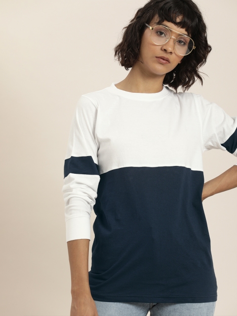 

Moda Rapido Women White & Navy Blue Colourblocked Round Neck T-shirt