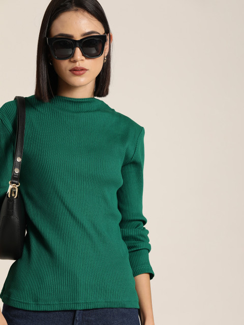 

Moda Rapido Women Green Pure Cotton Solid Ribbed High-Neck T-shirt