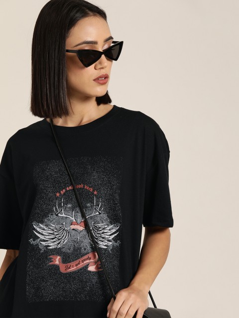 

Moda Rapido Women Black Boxy Fit Graphic Printed Round Neck Pure Cotton T-shirt