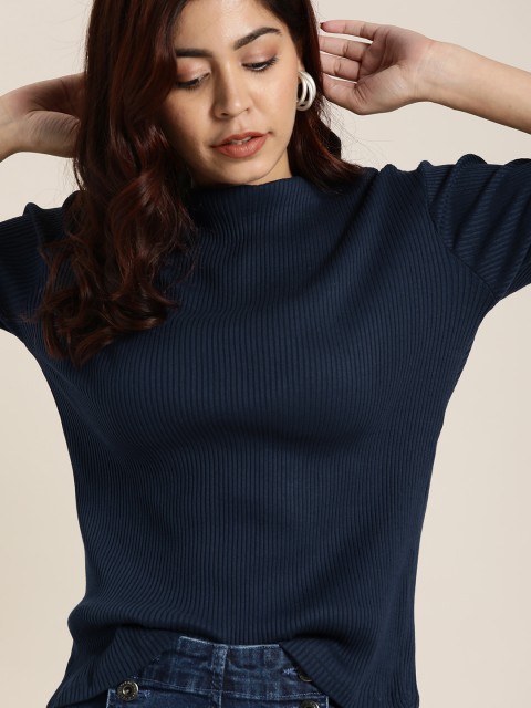 

Moda Rapido Women Navy Blue Solid Round Neck T-shirt