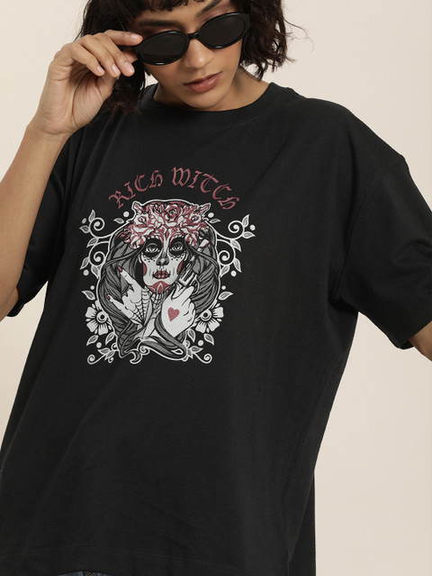 

Moda Rapido Women Black Printed Round Neck T-shirt