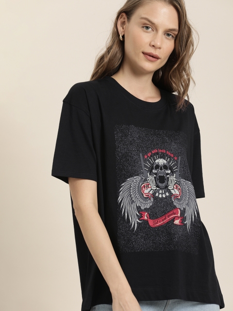 

Moda Rapido Women Black Printed Round Neck T-shirt