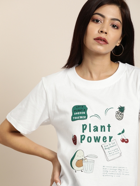 

Moda Rapido Women White Printed Round Neck Pure Cotton T-shirt