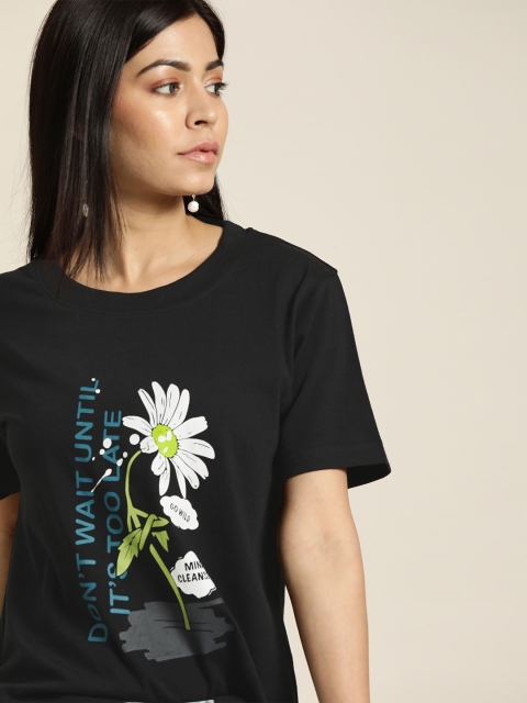 

Moda Rapido Women Black Floral Printed Round Neck Pure Cotton T-shirt