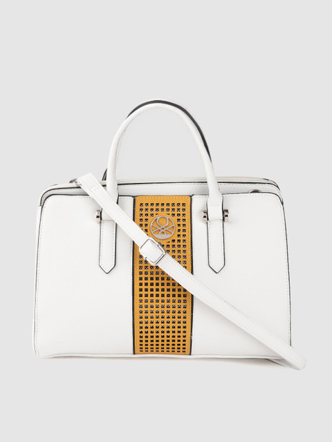 

United Colors of Benetton White & Mustard Yellow Colourblocked Handheld Bag With Laser Cut
