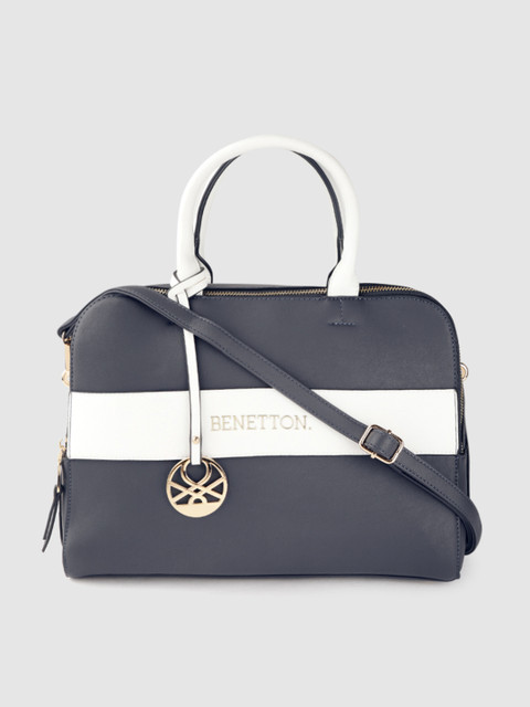 

United Colors of Benetton Navy Blue & White Colourblocked Handheld Bag with Sling Strap