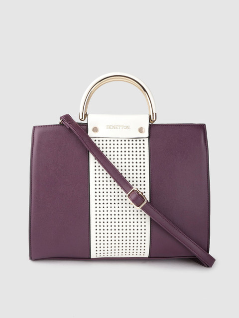 

United Colors of Benetton Aubergine & White Colourblocked Handheld Bag with Laser Cuts, Purple