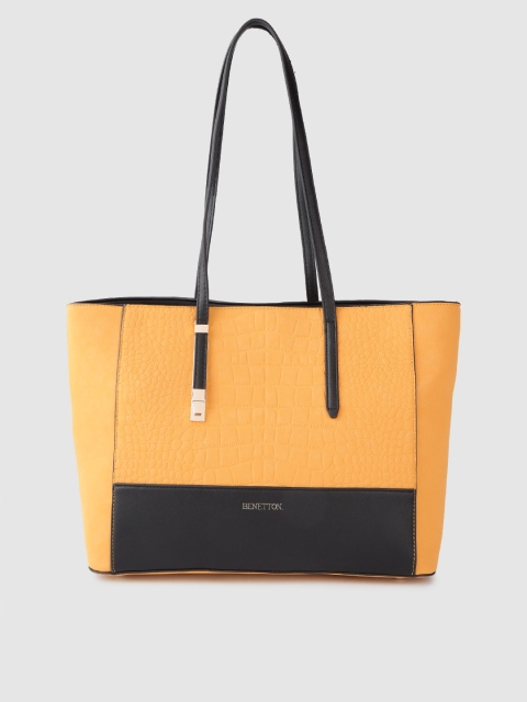 

United Colors of Benetton Mustard Yellow & Black Croc Textured Shoulder Bag