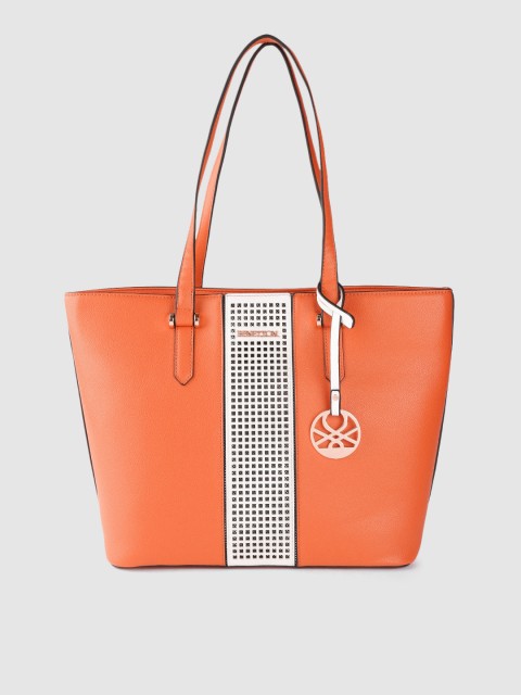

United Colors of Benetton Orange & White Colourblocked Cut Work Shoulder Bag