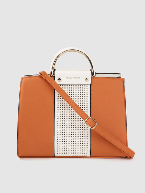

United Colors of Benetton Orange & White Colourblocked Handheld Bag with Laser Cut Detail