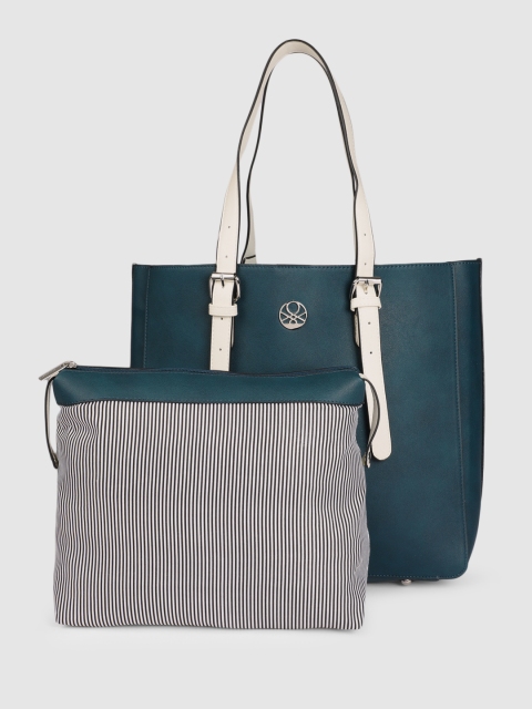 

United Colors of Benetton Blue Solid Tote Bag with Striped Pouch