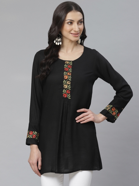 

Cayman Women Black Embroidered Pure Cotton A-Line Kurti