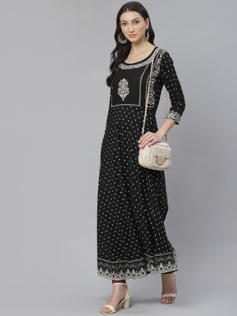 

Cayman Women Black & Cream-Coloured Printed Anarkali Kurta