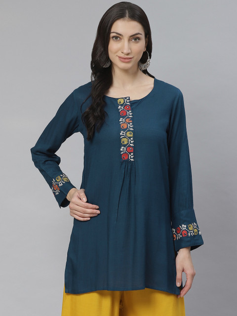 

Cayman Women Teal Blue Embroidered Pure Cotton A-Line Kurti