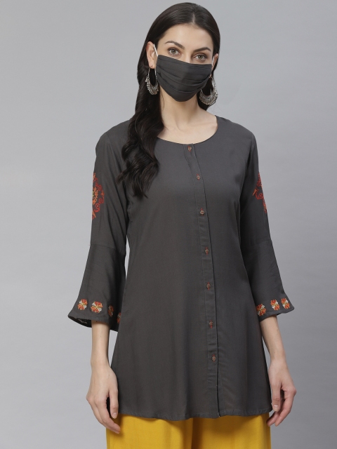 

Cayman Women Charcoal Grey Solid Pure Cotton A-Line Kurti, Olive