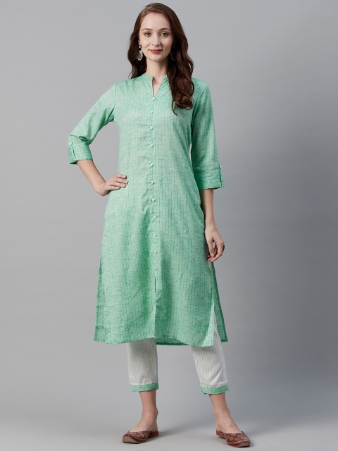 

Cayman Women Sea Green & Off-White Striped Kurta with Trousers