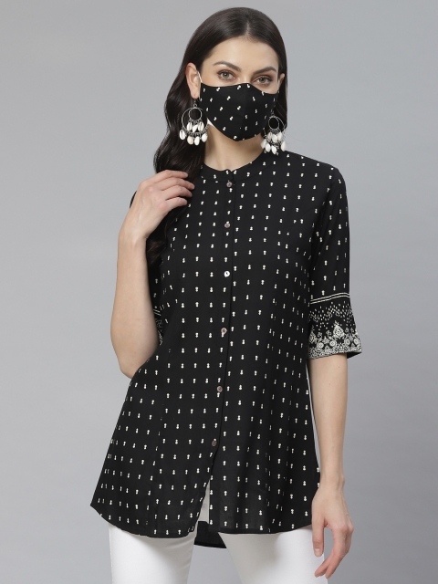 

Cayman Women Black & Off-White Floral Printed A-Line Kurti