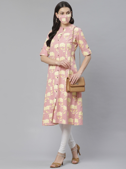 

Cayman Women Peach-Coloured & Yellow Printed A-Line Kurta