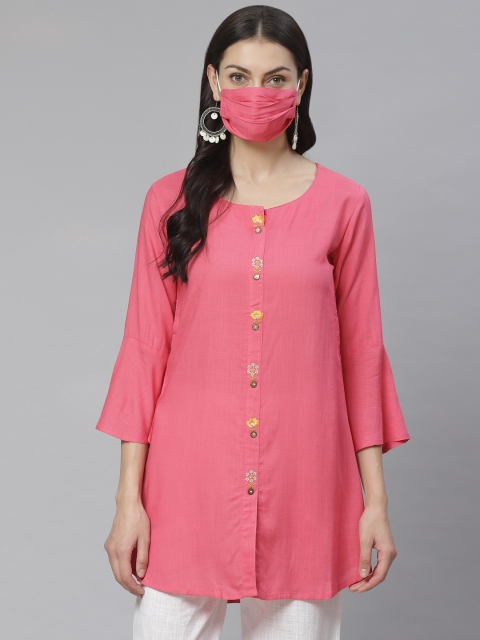 

Cayman Women Pink Embroidered Pure Cotton A-Line Kurti