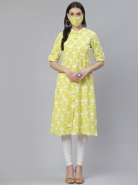 

Cayman Women Green & White Printed A-Line Kurta