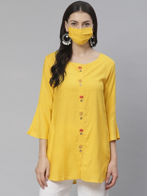 

Cayman Women Yellow Embroidered Pure Cotton A-Line Kurti