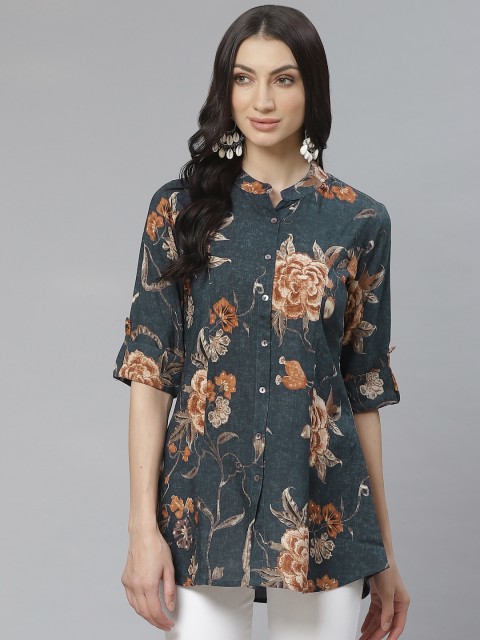 

Cayman Women Teal Blue Printed Pure Cotton A-Line Kurti