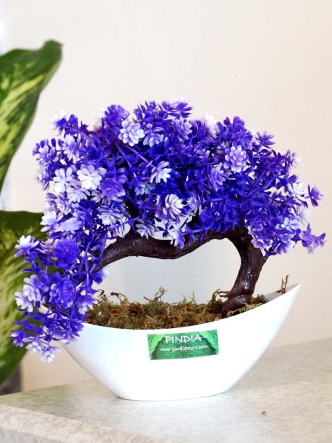 

PINDIA Purple & White Artificial Bonsai Flowering Plant With Pot