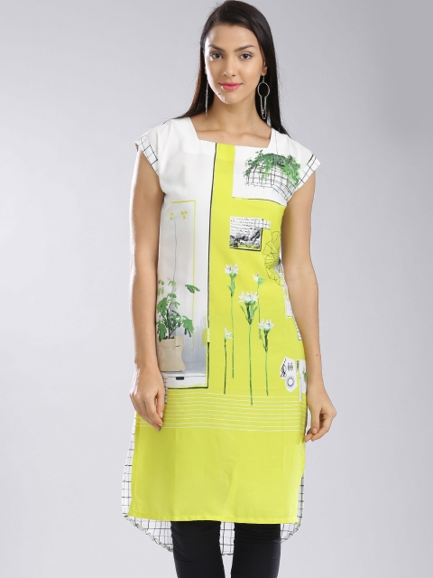 

W White & Yellow Polyester Printed Kurta