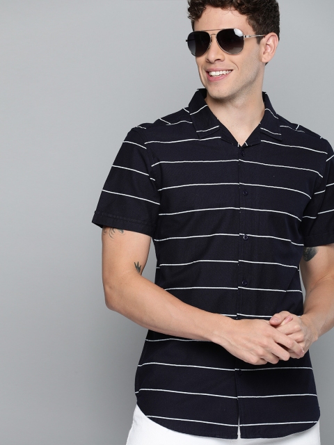 

HERE&NOW Men Navy Blue & White Striped Slim Fit Casual Shirt