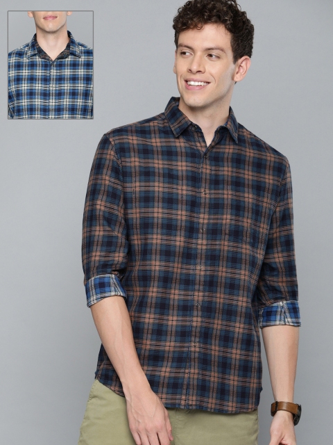 

HERE&NOW Men Navy Blue & Peach-Coloured Reversible Slim Fit Checked Casual Shirt